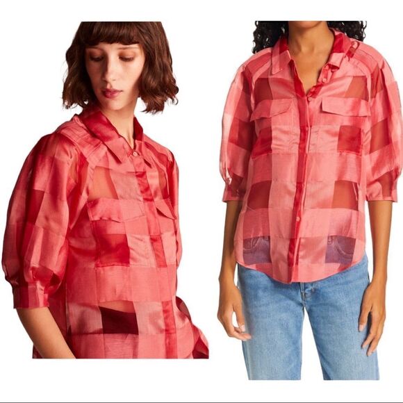 REBECCA Taylor Silk ORGANZA CHECK Button Down Blouse TOP - Picture 5 of 8